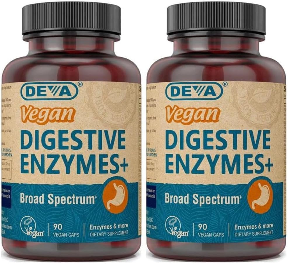 Deva Vegan Vitamins Digestive Enzymes Plus Supplement - A Unique Blend of Enzymes & Herbs - 90 Capsules (Pack of 2) Package May Vary