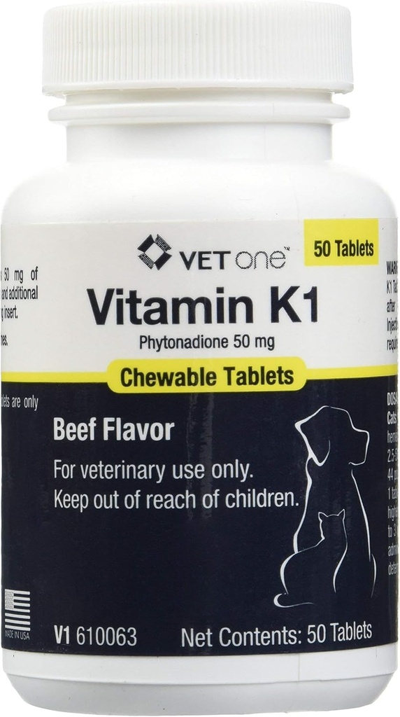 Vet One Vitamin K1 Chewable Tablets - Vitamina K1 para Perros, Vitaminas Chewable sabor a carne para gatos y perros (50 Tabletas, Fitonadiona 50 mg)