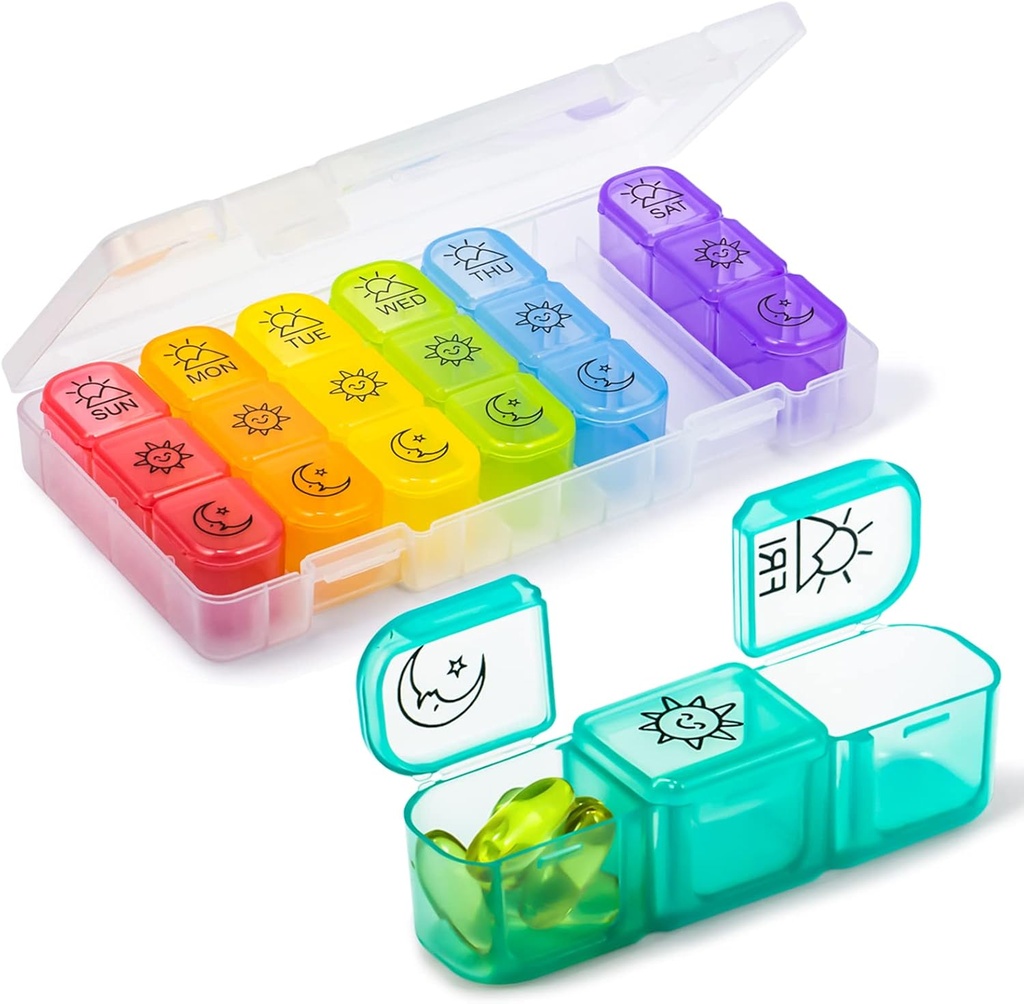 Organizador de píldoras de 7 días grande semanal, Crxbei Daily Medicine Container 3-Times-a-Day, Titular de medicamentos para vitaminas, aceites de pescado, suplemento, Planificador de píldoras profundas para ancianos y familia - Noche de la mañana