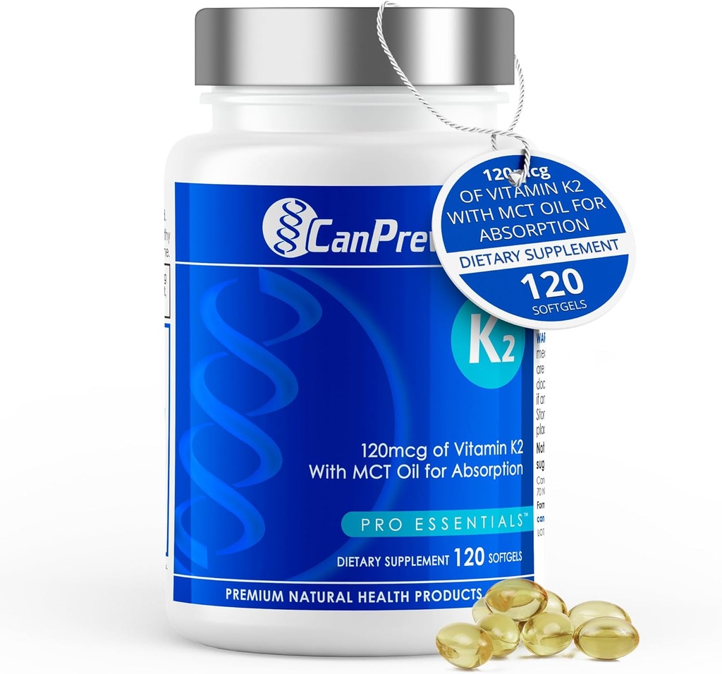 CanPrev K2 120mcg con aceite de coco orgánico, 120 Softgels 120-Day Supply - Ausorción mejorada para el soporte óptimo de huesos y dientes, vitamina K2 de alta potencia para el mantenimiento de huesos fuertes y dientes