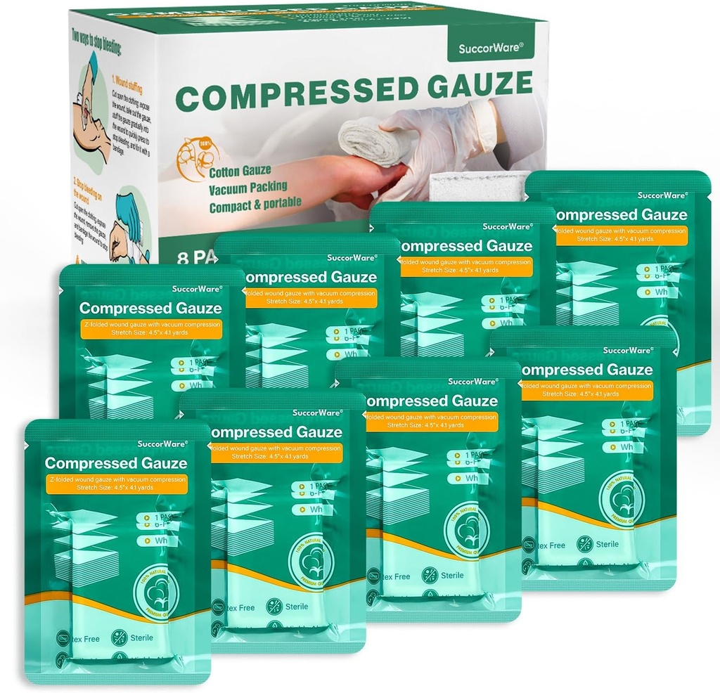 8 Packs Sterile Compressed Gauze con Z-Folded - Wound Gauze for Bleed Stop, 4.5" x 4.1 Yards, 6-Ply - para First Aid Kit,Medical Trauma Kit, IFAK Supplies Rellen