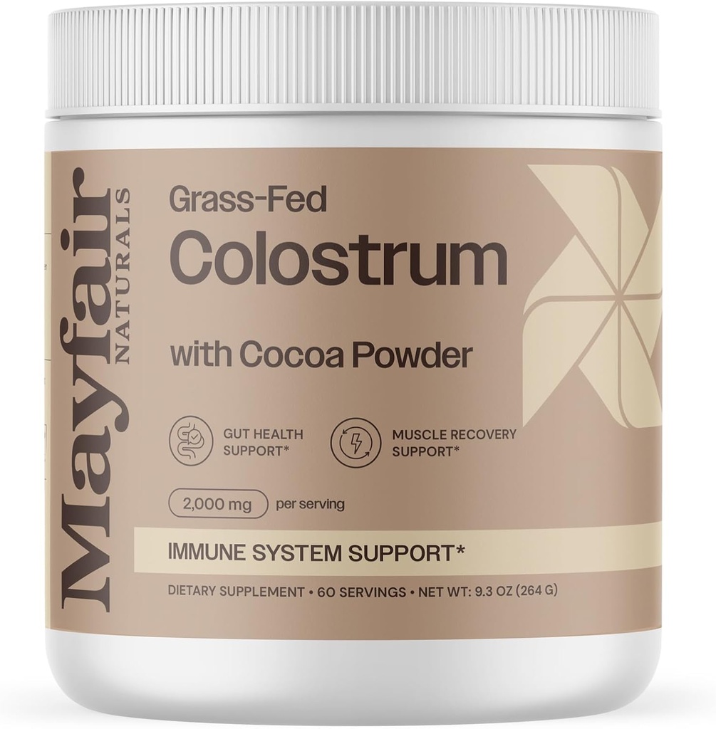 Grass-Fed Bovine Colostrum Supplement with Cocoa Powder, for Kids &amp; Adults, Immune System Support, Gut Health and Muscle Recovery, 60 Servings
