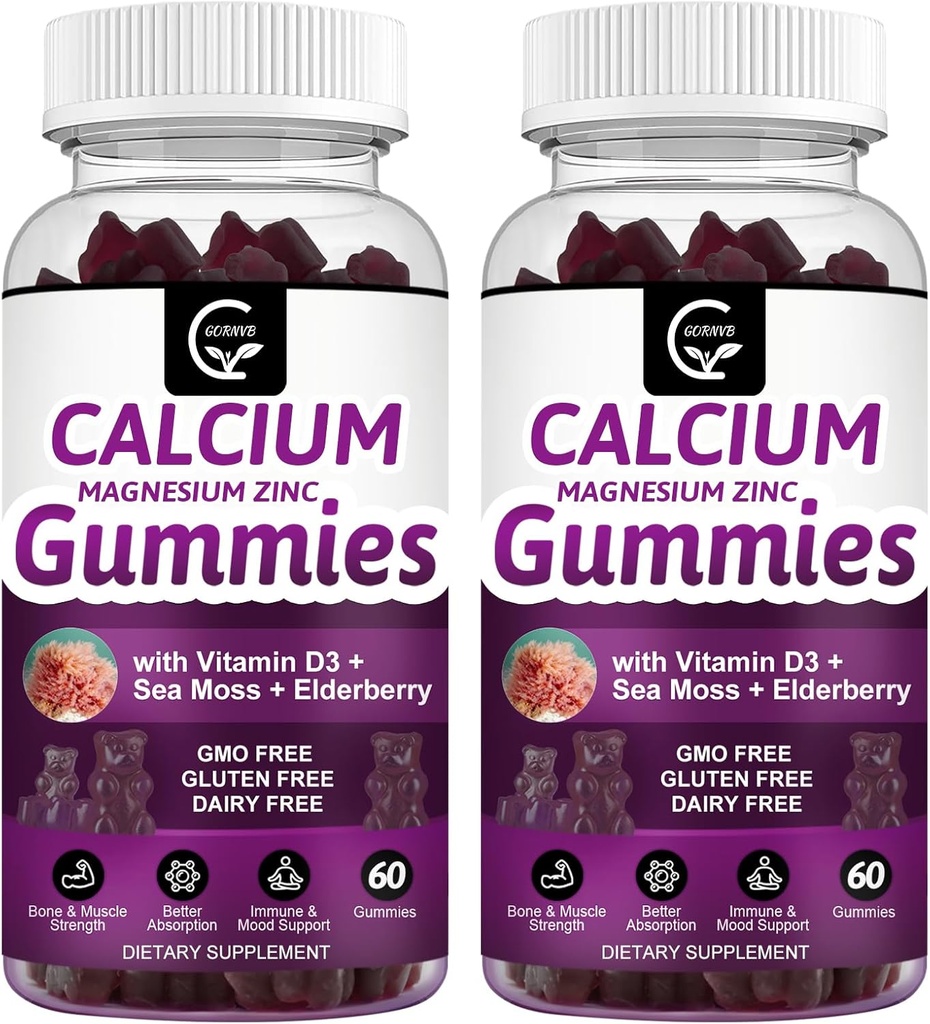 Calcium Magnesium Zinc Gummies with High Absorption Magnesium Glycinate Potassium - Plant Complex Calcium Magnesium 2:1 Ratio, with D3 Sea Moss for Bone, Muscles, Immune & Sleep Support, Vegan-2 Pack