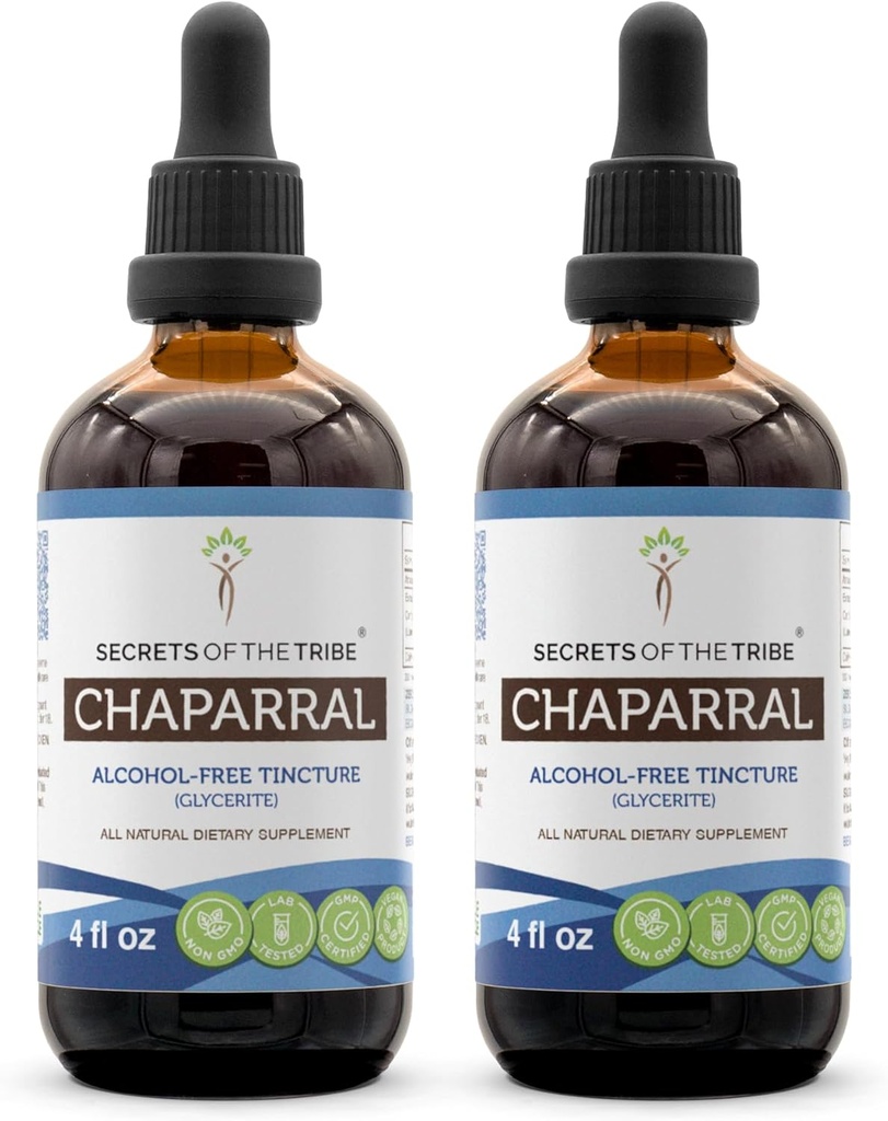 Secretos de la Tribu Chaparral Extracto líquido libre de alcohol, Chaparral (Larrea tridentata) Leaf seco y Flor Tintura Suplemento (2x4 FL OZ)