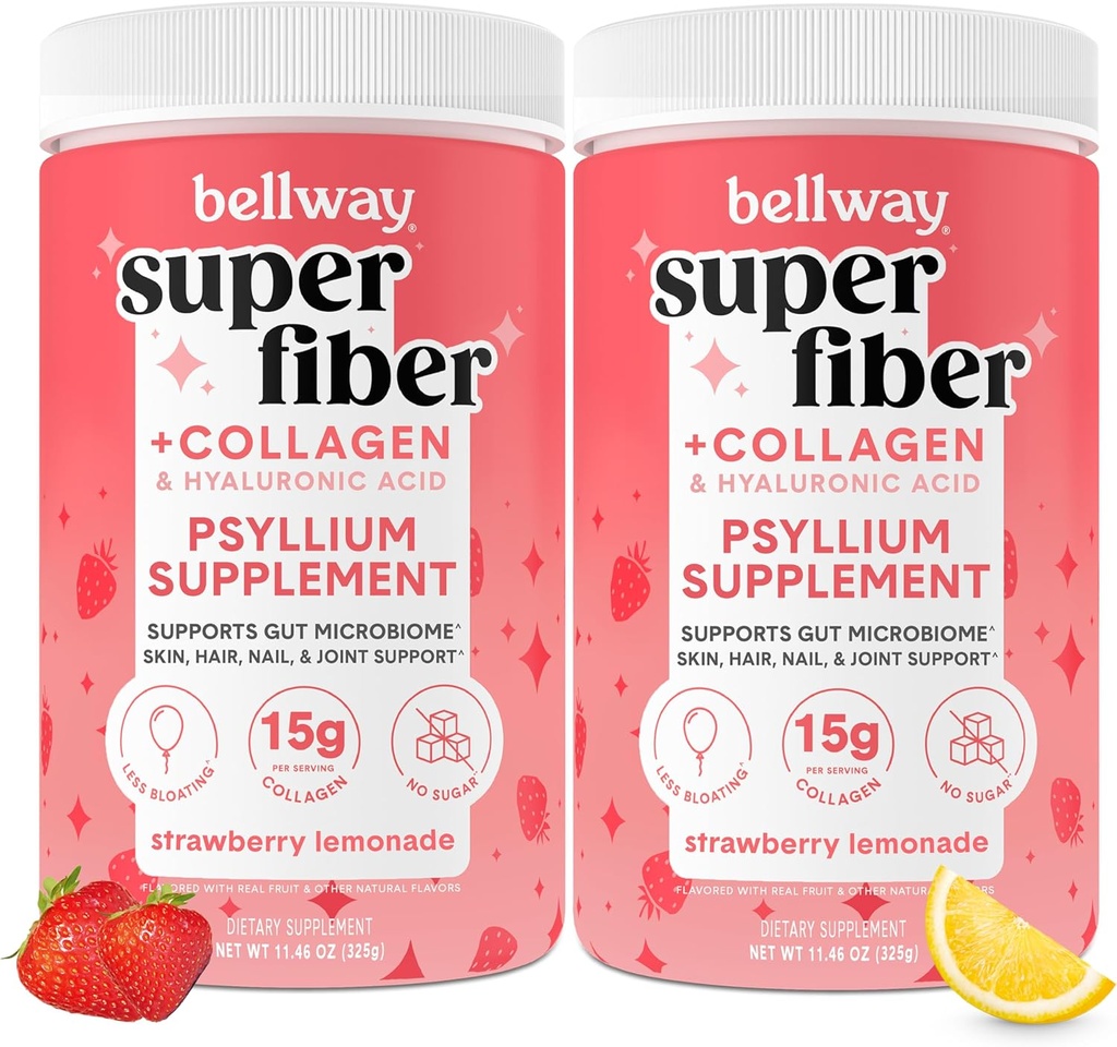 Bellway Super Fiber Powder + Collagen (2 Pack), Azúcar libre Psyllium Husk Polvo con péptidos de Collagen para Gut Health, Esquí saludable, uñas, bonificaciones, limonadas de fresa (22,92 oz)