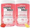 Bellway Super Fiber Powder + Collagen (2 Pack), Azúcar libre Psyllium Husk Polvo con péptidos de Collagen para Gut Health, Esquí saludable, uñas, bonificaciones, limonadas de fresa (22,92 oz)