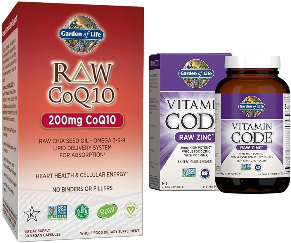 Garden of Life Vegetarian Omega 3 6 9 Suplemento - Raw CoQ10 Chia Aceite de Semilla entera Nutrición Alimentaria & Zinc Suplementos 30 mg de alta potencia Zinc crudo y vitamina C Suplemento multimineral