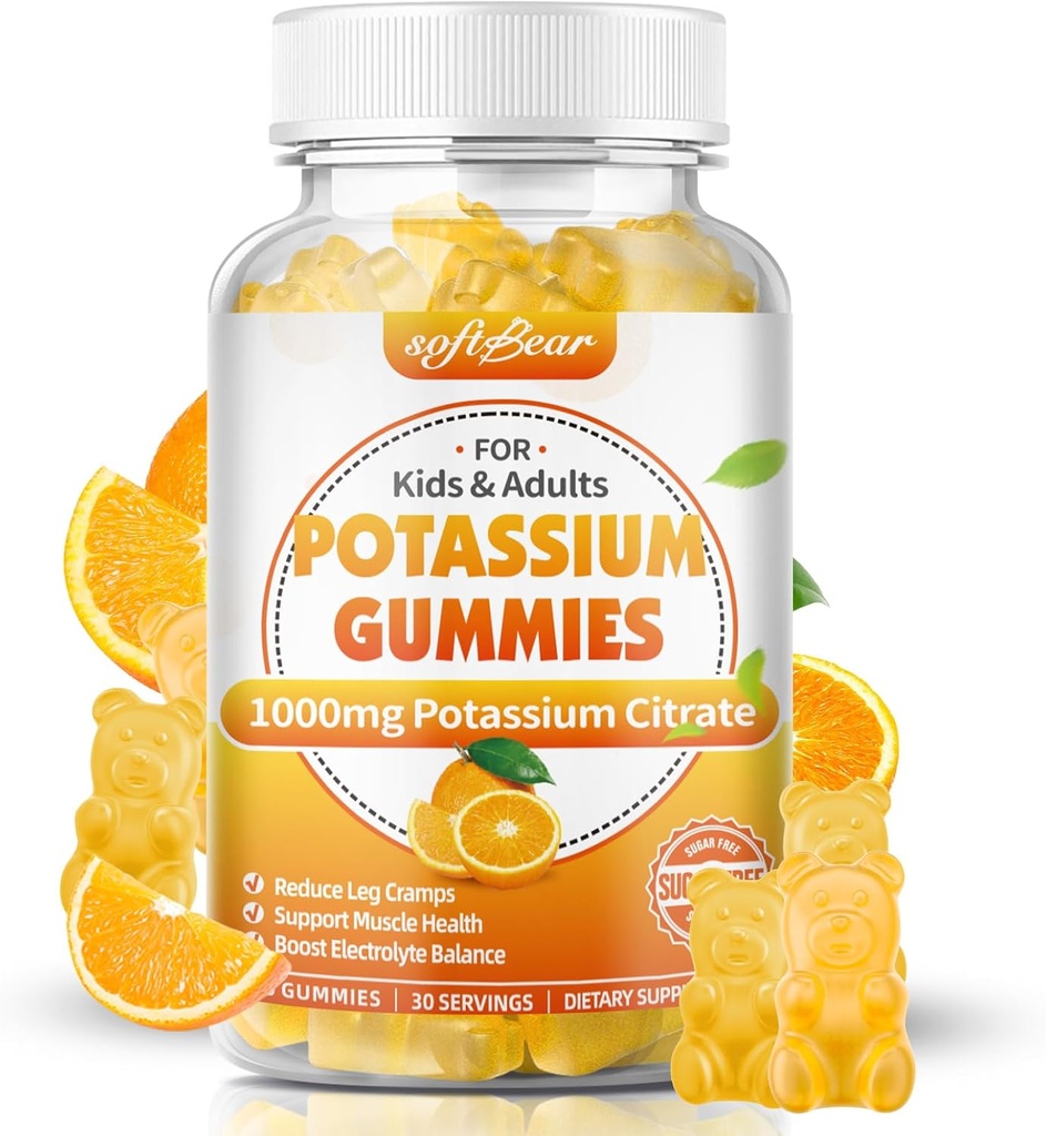 softbear Potasio Citrato 1000mg, Azúcar Gummies de Potasio Libre para Adultos Soporte Leg Cramps &amp; Muscle Health High Potency Potassium Suplemento Gummies Orange Flavor 60 Con
