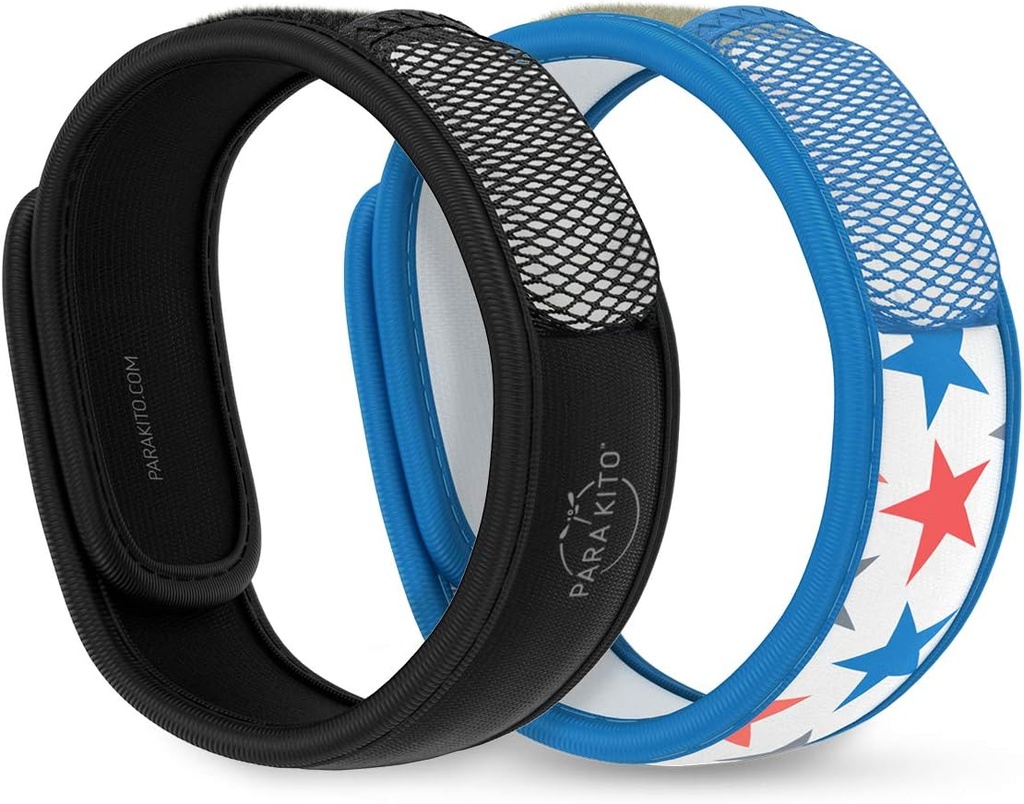 PARA'KITO Mosquito Repellent Bracelets + Refill Pellets Bundle, Mosquito Bracelets, Peppermint Oil, DEET Free Mosquito Repeller, Hiking Accessories, 2 Wristbands & 2 Refills (Black + Stars)