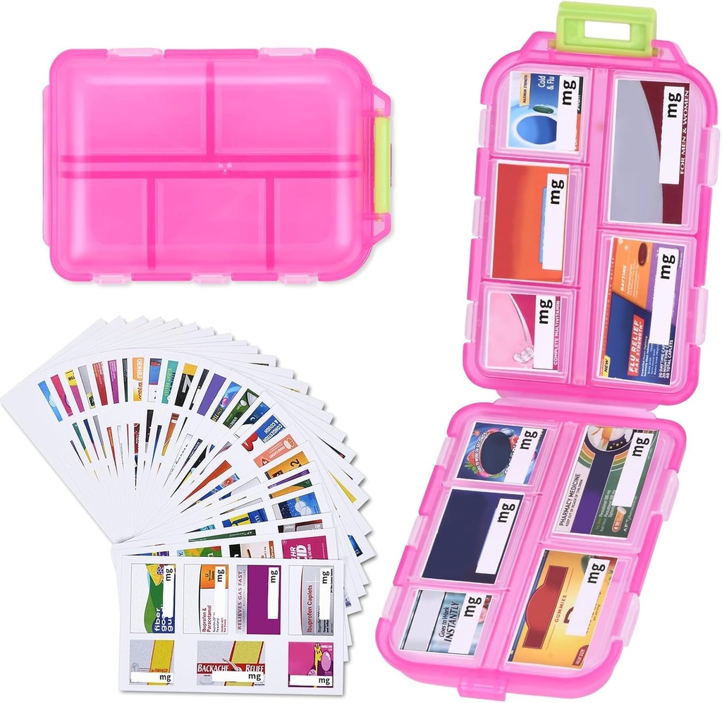 1 Pack 10 GRIDS Travel Pill Organizer Box con 189 etiquetas - Travel Medicine Case Kit - Pocket Daily Pharmacy Container - Dispensador de portadores de medicamentos de viaje para el almacenamiento de vitaminas de aceite de pescado