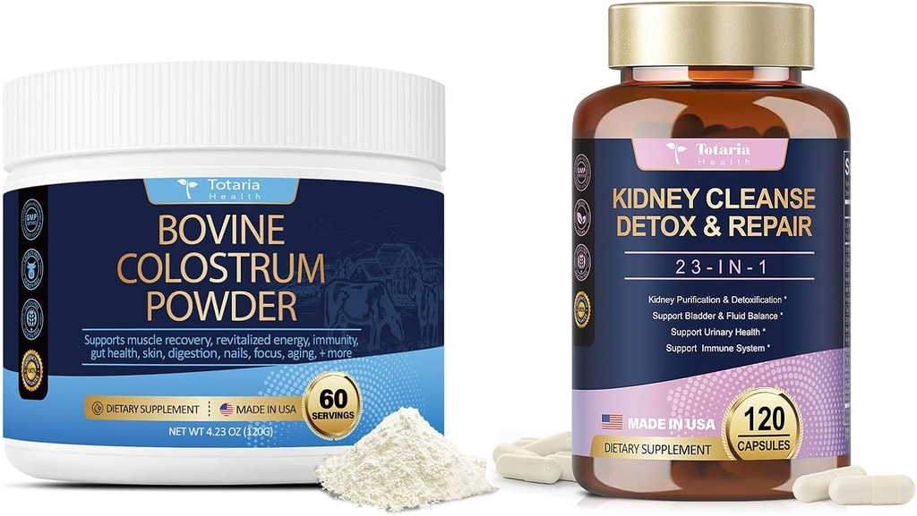 Totaria 120 Counts Kidney Cleanse Detox & Repair Capsules + Bovine Colostrum Supplement Powder