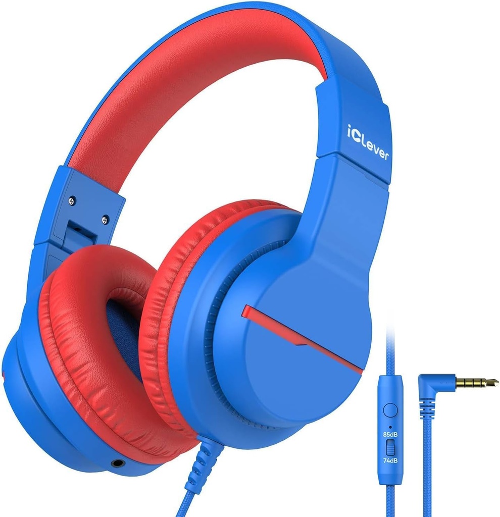 iClever Kids Headphones for School Travel, Safe Volume Limited, HD Mic Stereo Sound Over-Ear Girls Boys Headphones for Kid, FunShare Foldable 3.5mm Cableado para iPad Computer, HS19