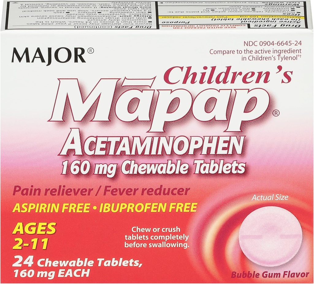 MAJOR Niños Mapap Acetaminophen 160 mg Tablas Chewable - Alimentador de Dolor/Reductor de Nevera - Ibuprofeno Gratis - para Edades 2 a 11-24 Conde (1 Pack)