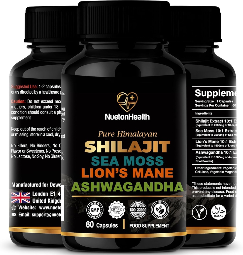 Shilajit, Sea Moss, Lion's Mane y Ashwagandha Capsules - Suplemento integral de bienestar para la mente, el cuerpo y la realidad - 60 cápsulas veganas