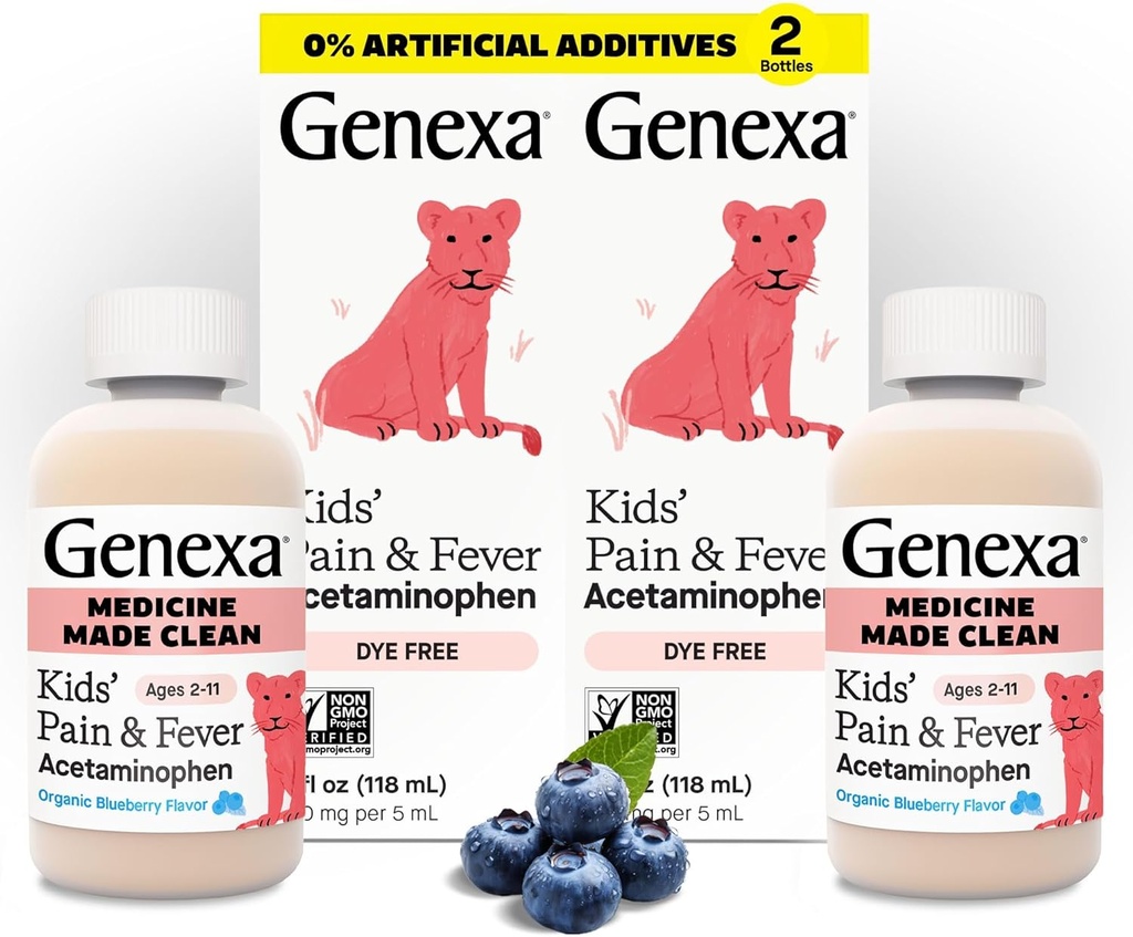 Genexa Children's Clean Acetaminophen | Pediatrician Preferred Ingredients | Pain & Fever Reducer for Kids | Dye Free, 0% Artificial Additives | Ages 2-11, Delicious Organic Blueberry Liquid, 4 fl oz