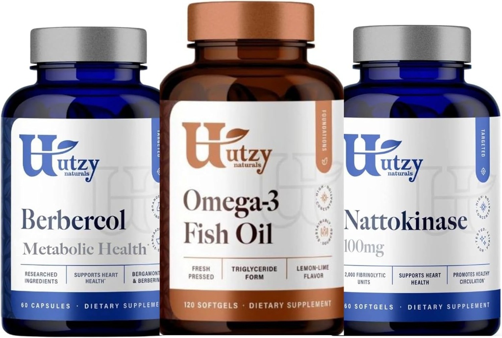 Utzy Naturals Berbercol ← 500mg Citrus Bergamot (como Bergamonte) " Berberine, Nattokinase  durable 100mg + Omega 3 Fish Oil