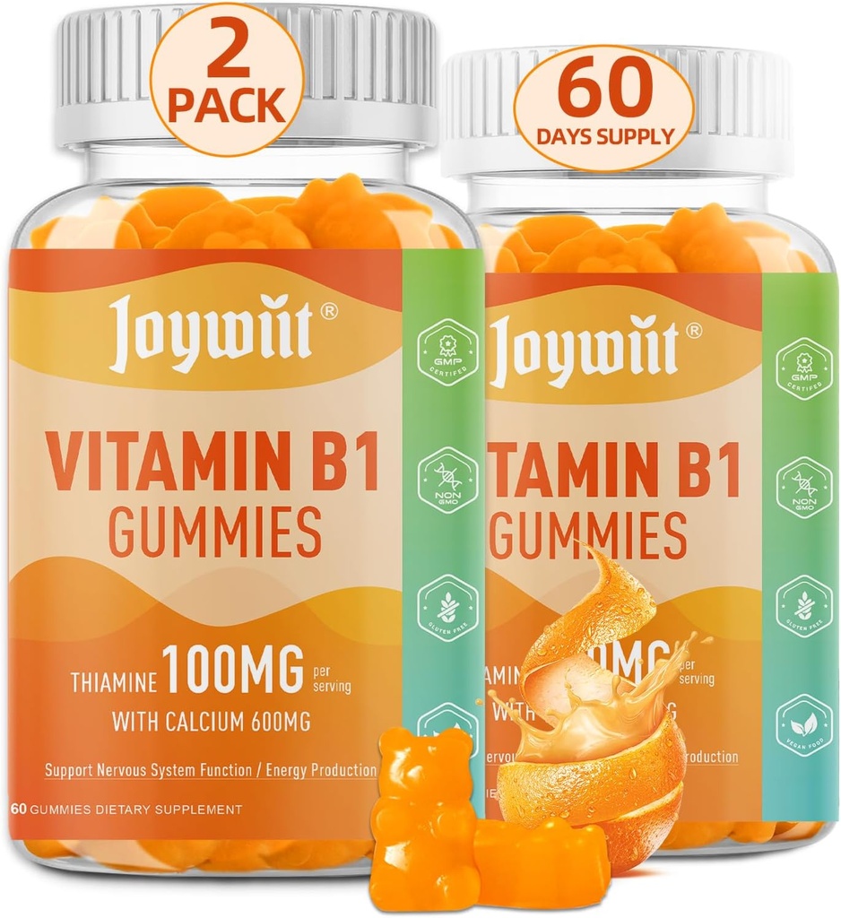 Vitamina B1 Gummies 100mg para adultos &amp; niños, Thiamine B1 Suplemento con 600 mg de calcio, Nervous System Supports " Boost Energy, Orange Flavor, Non GMO, Vegan, 120 Chewable Gummies