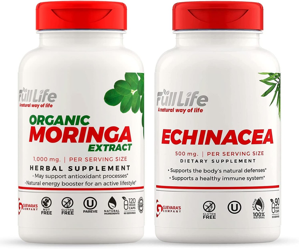 Full Life Moringa and Echinacea Capsules - Suplemento Herbal - Moringa Pills for Women and Men - Natural Energy Booster - Kosher, Gluten-Free - Veggie Caps