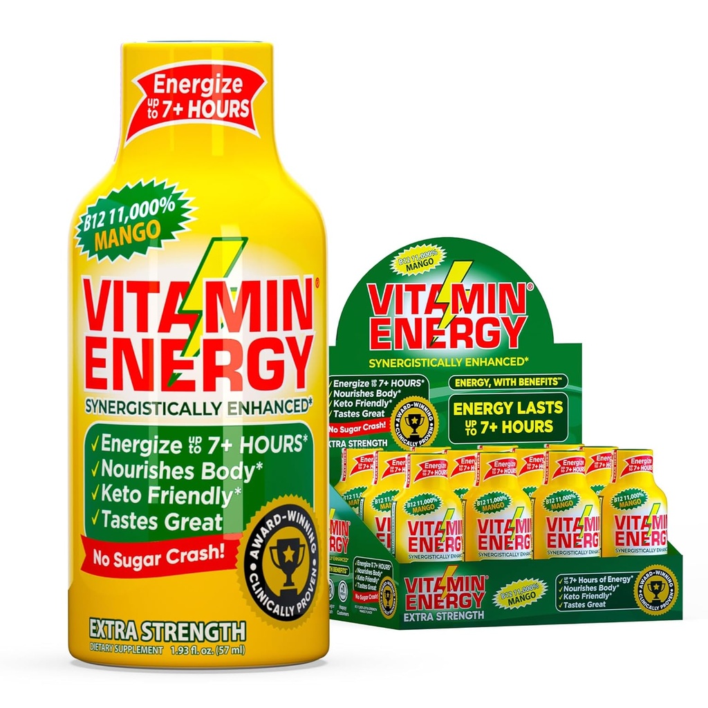 Vitamin Energy B12 11,000% Extra Strength Energy Shot Mango 12 Pack, 260mg Natural Caffeine, B12 &amp; B6, Nootropic Focus, Vitality, Zero Sugar, Gluten-Free, Vegan, Kosher, 1.93 fl oz