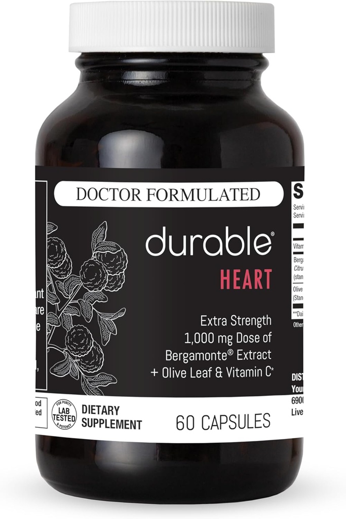 Corazón Durable – Bergamonte Citrus Bergamot 1000 mg + Extracto de hoja de oliva + Vitamina C - Suplemento de salud cardíaca para colesterol saludable - Doctor Formulado, Vegano, No GMO, Hecho en EE.UU. (60 cápsulas)