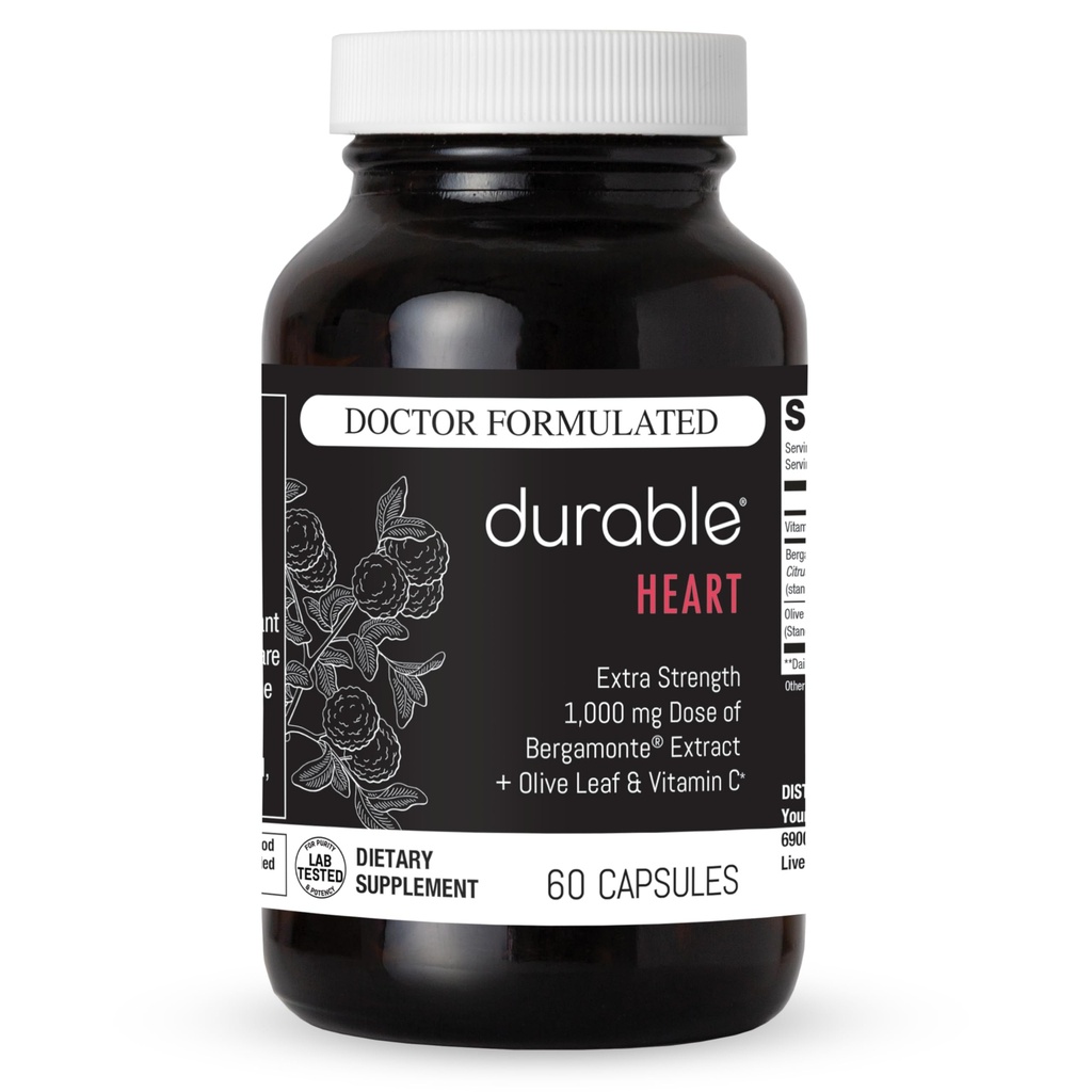 Corazón Durable – Bergamonte Citrus Bergamot 1000 mg + Extracto de hoja de oliva + Vitamina C - Suplemento de salud cardíaca para colesterol saludable - Doctor Formulado, Vegano, No GMO, Hecho en EE.UU. (60 cápsulas)