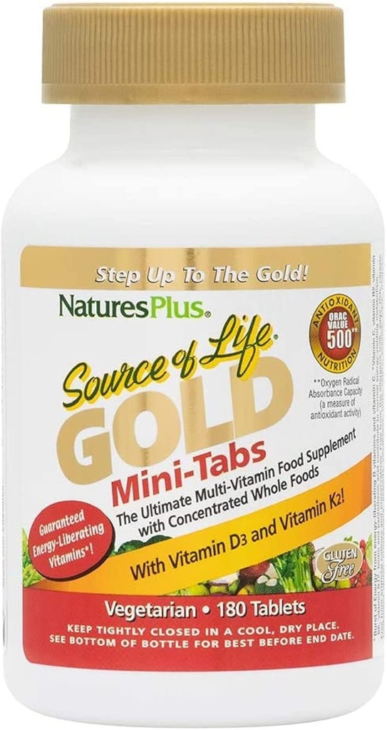 NaturesPlus Source of Life Gold Multivitamin - 180 Mini-Tabs - with Vitamins D3, B12 & K2 - Blood, Bone & Immune Support - Vegetarian &amp; Gluten Free - 30 Servings