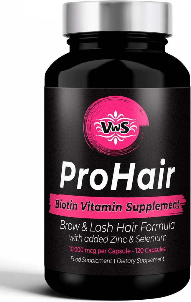 VWS Biotina 10,000 mcg Suplemento dietético w/Zinc &amp; Selenium para promover el crecimiento del cabello delgado, uñas más fuertes &amp; piel sana para mujeres y hombres, 120 cápsulas veganos