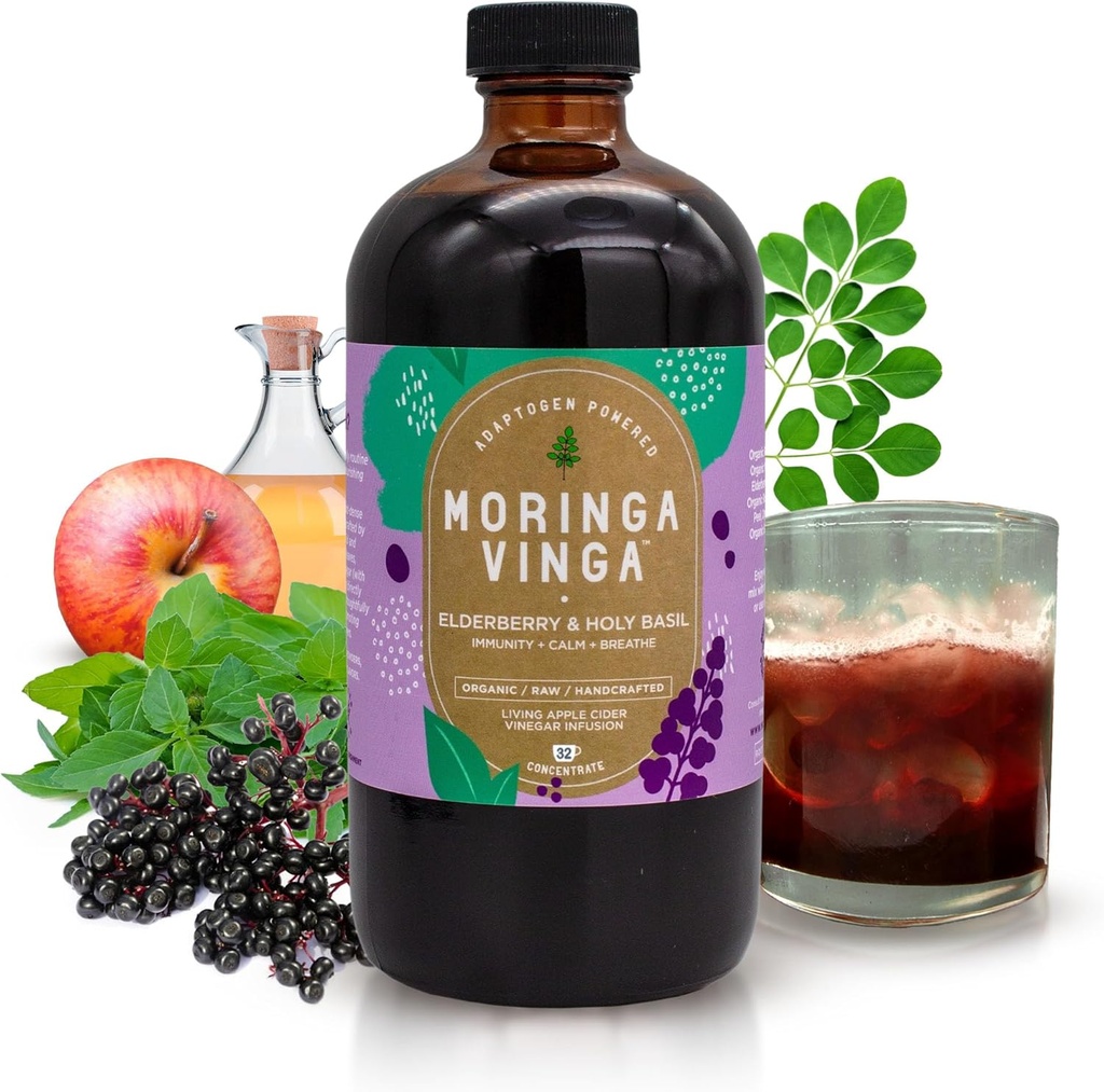 VINGA Organic Elderberry & Holy Basil Moringa Infusion – Daily Herbal Tonic with Apple Cider Vinegar, Ginger, Hibiscus, Honey ← Soporta Immune &amp; Global Wellness ← Non-GMO, 16 oz