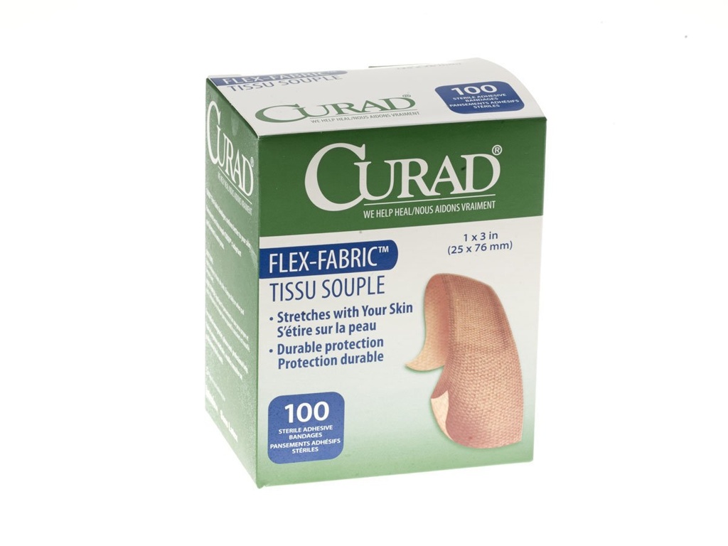 Banda adhesiva CURAD Flex-Fabric, 1" Ancho, 3" Longitud, Pack de 100