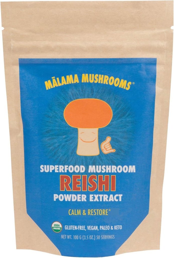 Malama Organic Reishi Mushroom Powder, Pure Fruiting Body Extract, Adaptogenic Superfood for Immune Support and Wellness, 100 Servings