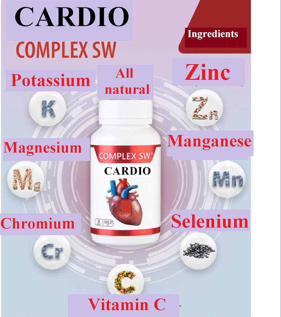 Cardio Heart Health Supplements, Healthy Blood Circulation " Blood Pressure Support with Potassium, Magnesium, Chromium, ZINC, Manganese, Chromium, Selenium, 30CAPSULES 1000.31 Mg