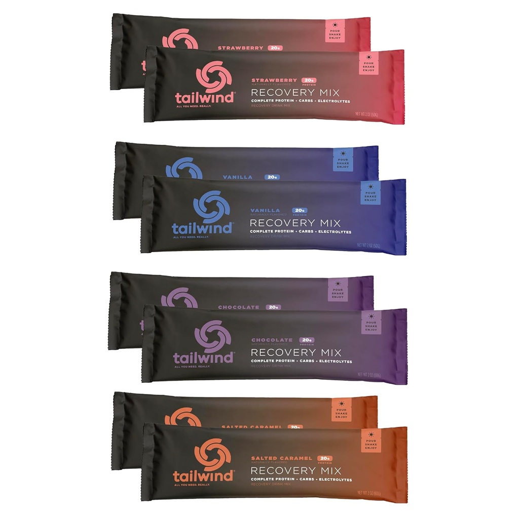 Tailwind Nutrition Grab-and-Go Recovery Mix, 20g Complete Protein, Single-Serving Assortment, 2 Chocolate, 2 Vanilla, 2 Strawberry, and 2 Salted Caramel Flavors, 8-Pack Sports Recovery Stick Packs