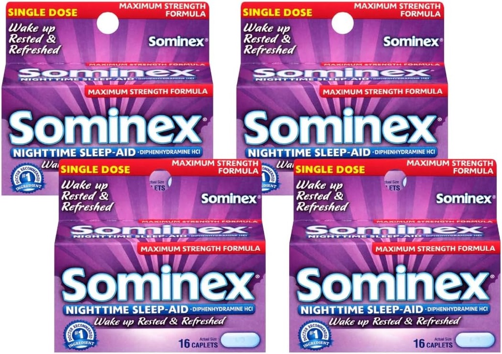 Sominex Nighttime Sleep-Aid Caplets, Maximum Strength, 16-Count Boxes (Pack of 4)