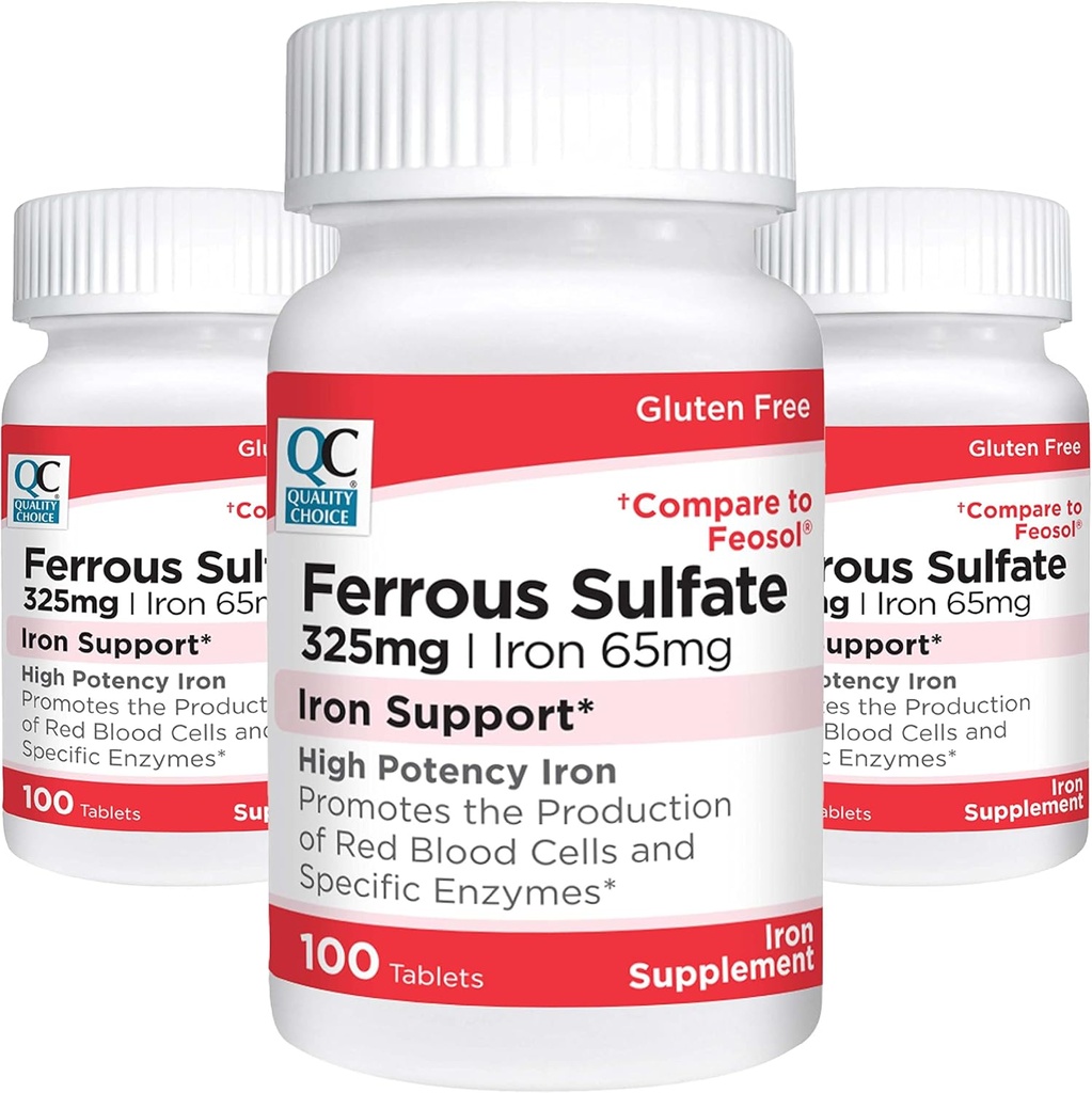 Opciones de calidad Hierro 65 mg (325 mg Sulfato ferroso) Suplemento de apoyo de hierro de alta potencia Tablas de suplemento en botellas de 100 condes (3 Pack)
