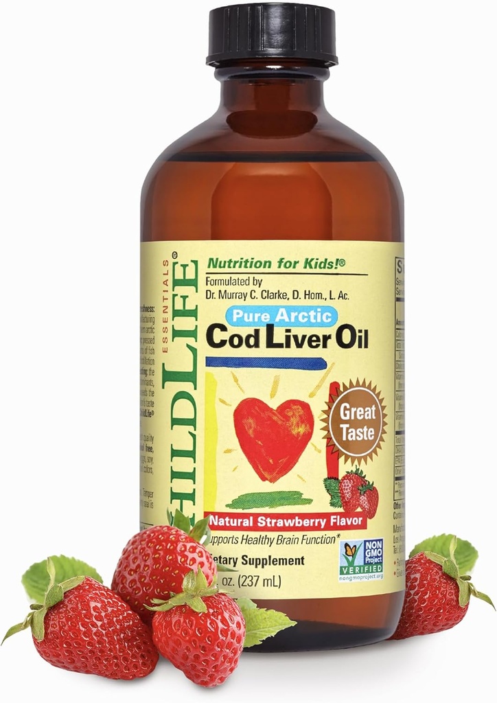 CHILDLIFE ESSENTIALS Cod Liver Oil for Kids - Kids Cod Liver Oil Liquid, for Babies 6+ Months, Toddlers, Added DHA, EPA, Omega-3 Fatty Acids - Strawberry, 8 fl oz