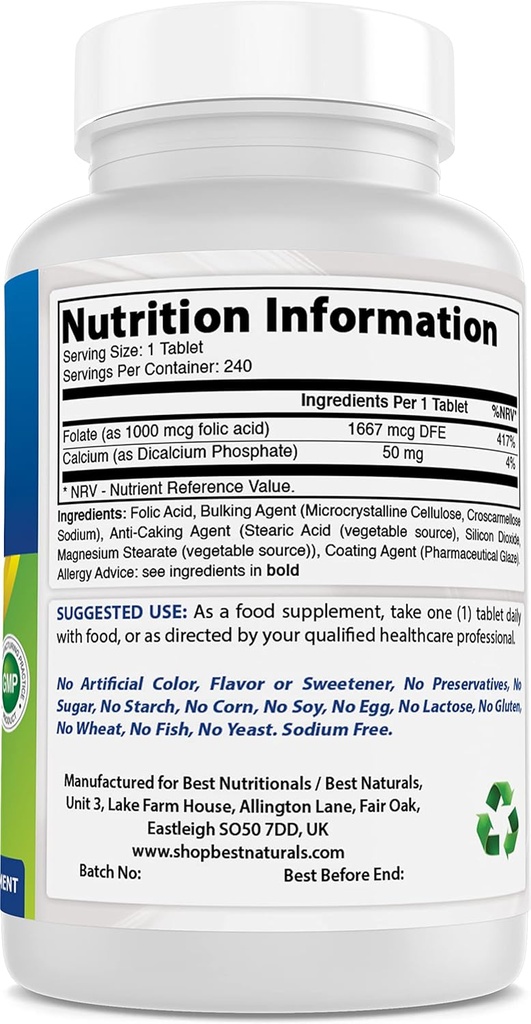 Best Naturals Folic Acid 1000 mcg & Magnesium Oxide 500 mg