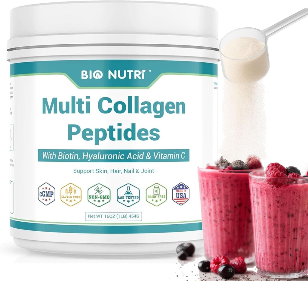 BIO NUTRI Collagen Peptides Powder Multi-Type (I, II, III, V, X) con Biotina & ácido hialurónico para el cabello, piel, uñas &amp; juntas, desflavorado, 16oz