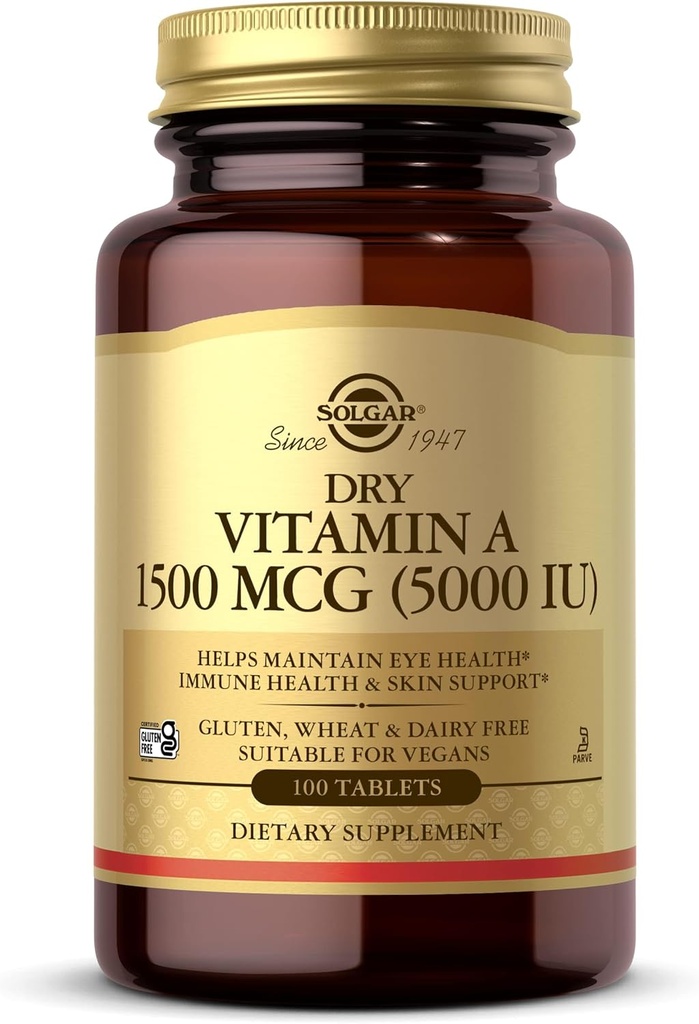 Solgar Dry Vitamina A 1500 mcg (5000 UI), 100 Tabletas - Soportes Ojos Saludables, Skin &amp; Immune System - Non-GMO, Vegan, Gluten Gratis, Dairy Free, Kosher - 100 Servings