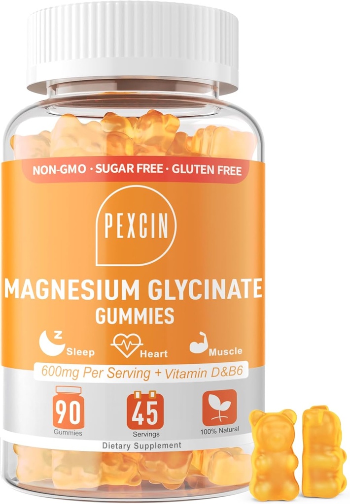 Magnesium Glycinate Gummies for Adults &amp; Kids, 1000mg High Absorption Magnesium Complex Supplement, Sugar Free with Potassium,Vitamin D PulB6 for Calm, Better Sleep - 90 Counts Orange