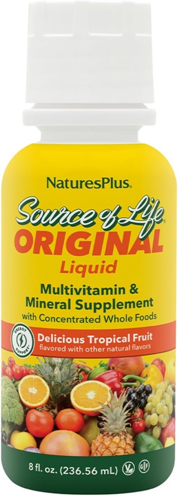 Naturalezas Plus Fuente de Vida Líquida, Fruta Tropical - 8 fl oz - Suplemento Mineral Multivitamínico - Gluten Libre, Vegetariano - 8 Servimientos