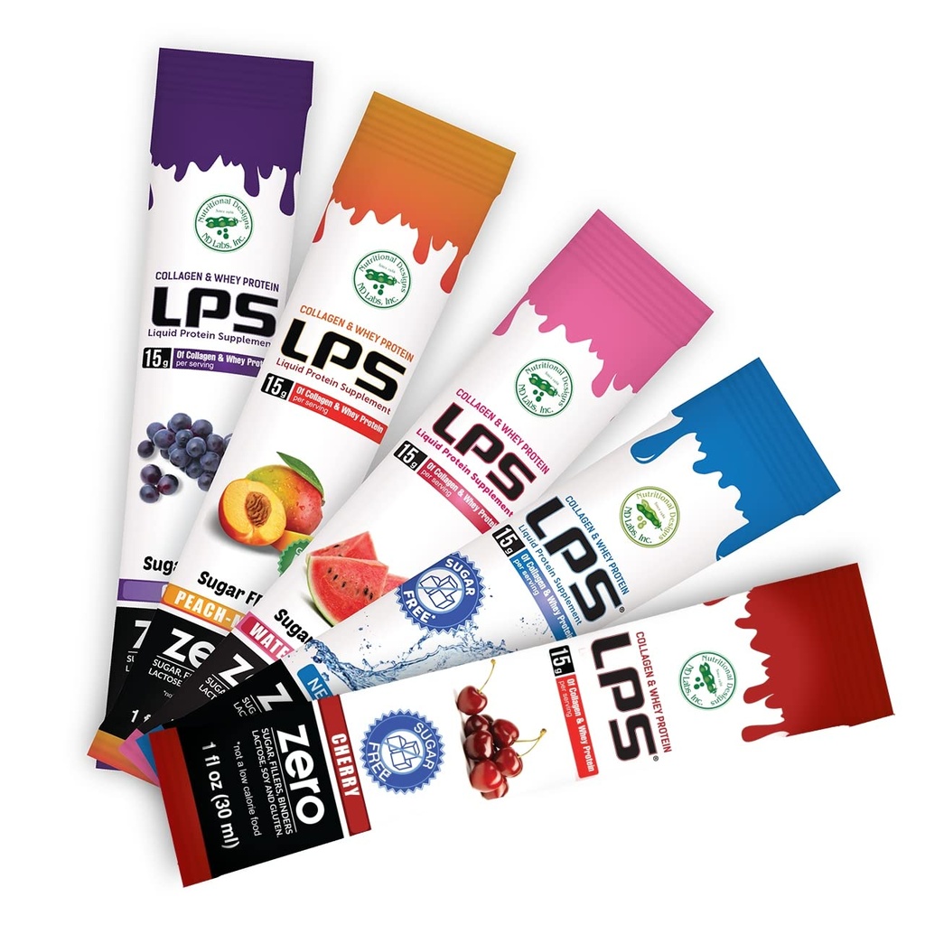 Diseños Nutricionales LPS LPS Láquico &amp; Whey Protein Suplemento - Bebida no GMO, libre de azúcar - promueve la piel sana y el pelo para hombres &amp; mujeres, caja de variedad, servicio único (60 paquetes)