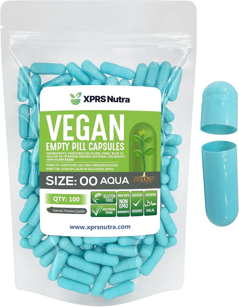 XPRS Nutra Size 00 Empty Capsules - 100 Conde Empty Vegan Capsules - Vegetarian Empty Pills - DIY Vegetable Capsule Filling- Veggie Pill Caps (Aqua)