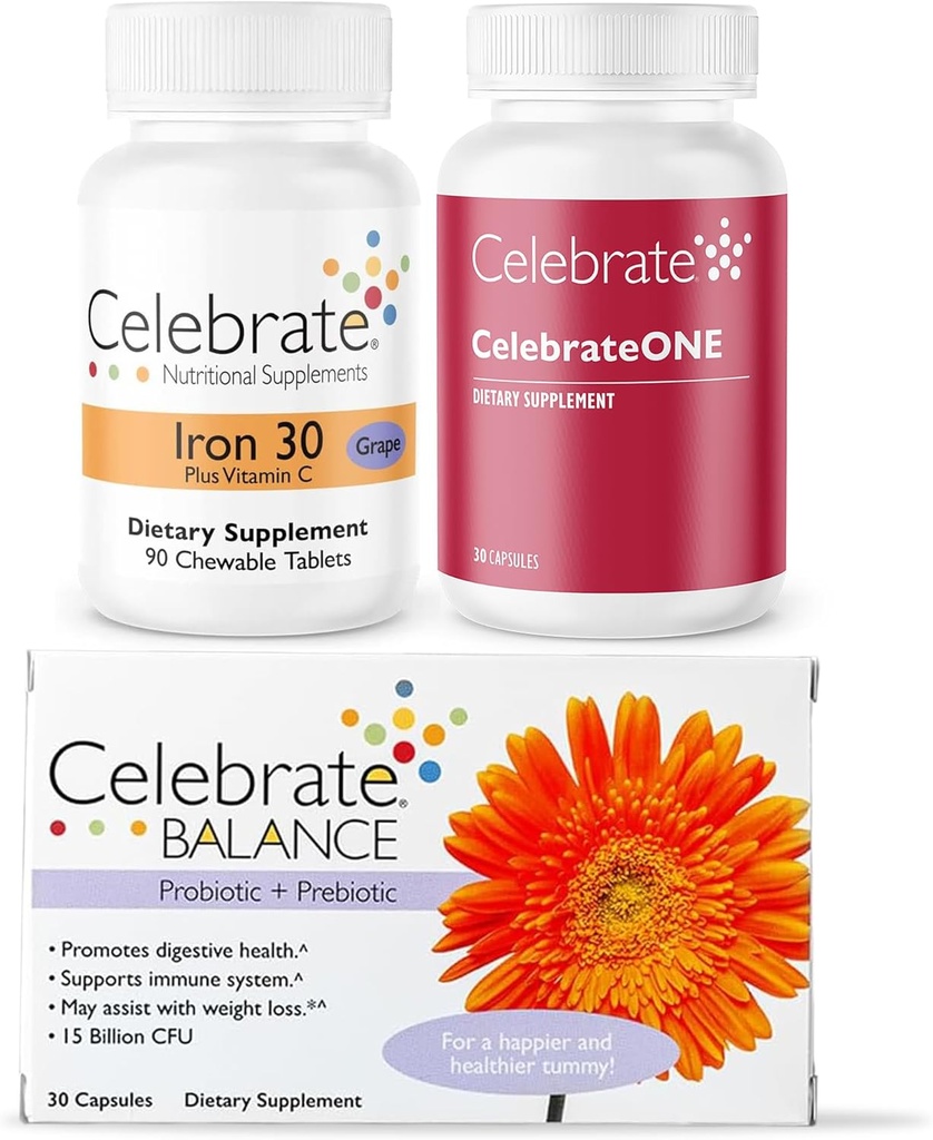 Celebrar Vitaminas Bariatric Bundle – CelebrarONE Multivitamínico, Hierro con Chewables de vitamina C y Balance Probiótico + Prebiótico – Nutrición esencial & soporte digestivo para la recuperación de WLS