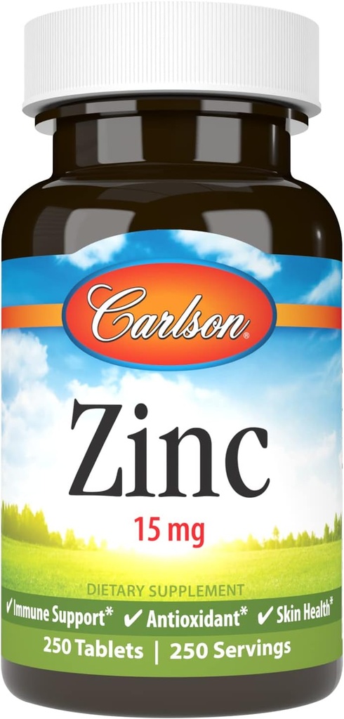 Carlson - Zinc, 15 mg, Zinc Suplemento, Zinc Gluconate, Immune Support &amp; Skin Health, Zinc Tablets, Antioxidante, Zinc Capsules, 250 Tablets
