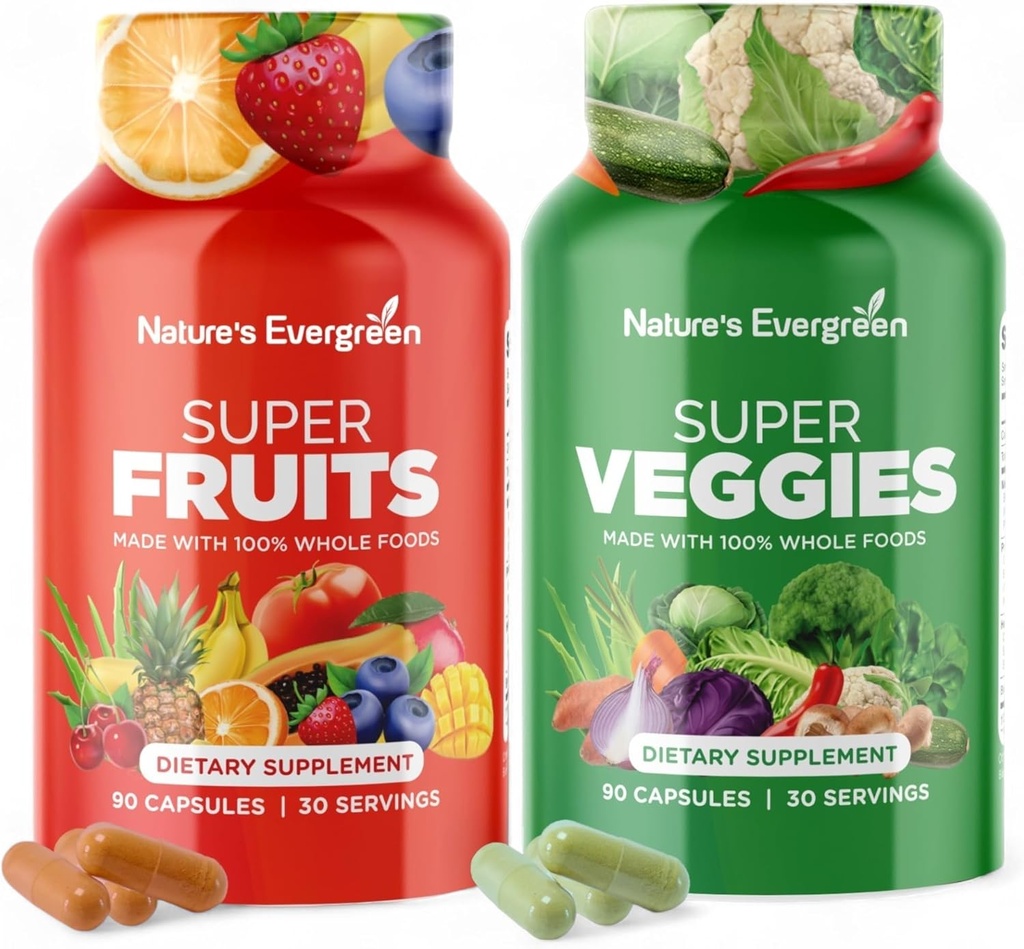 Suplemento de frutas y verduras - Nature Fruits and Vegetables Suplementos - Vegan, Non GMO, Soy Free, Superfood Vitamins & Minerals Nutritional Balance - (Total 180 Capsules - Pack of 2) Made in USA