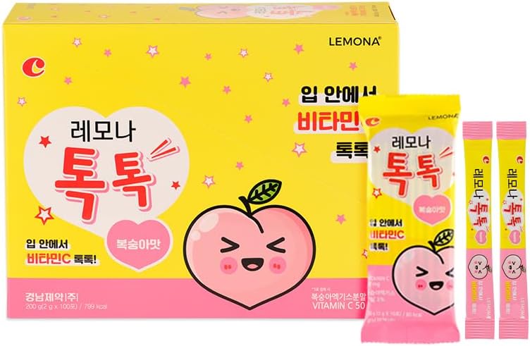LEMONA TOKTOK, Kids Vitamin C 50mg, Peach Flavored, Easy to take for General Health & Daily Energy - 100 Stick Packs(2g)