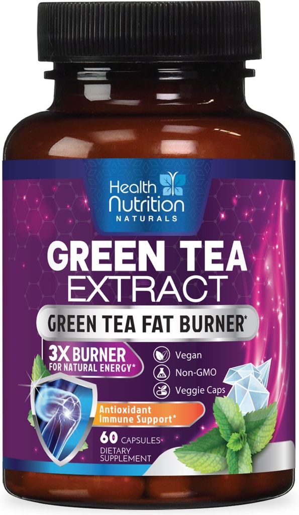 Láminas de Extracto de Té Verde - 98% Standardizado EGCG 1300mg 3X Fuerza para la Energía Natural - Apoyo Corazón &amp; Salud Antioxidante Herbal &amp; Apoyo Inmunitario Suplemento Polyphenols & Catechins - 60 cápsulas