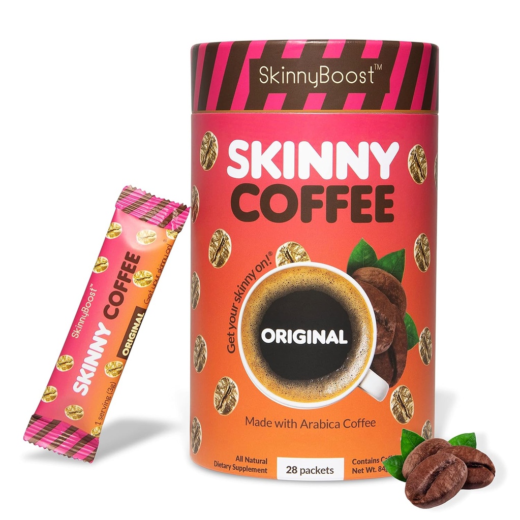 Skinny Boost Instant Skinny Coffee Sticks (Unflavored) - Hecho con frijoles de café Arabica, Garcinia Cambogia, Green Tea Extract, B Vitaminas, Fibra y Prebióticos –Sugar Free-Keto Friendly (28 Packets)