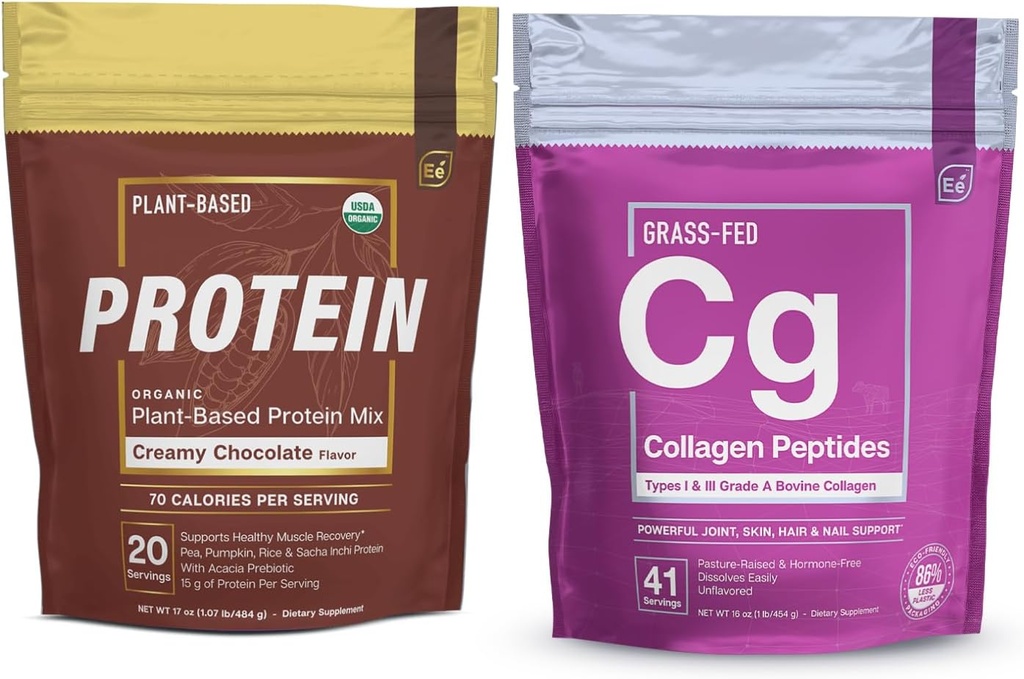 Elementos esenciales Péptidos de colágeno hidrolizado Polvo &amp; Péster de púas orgánicas - Creamy Chocolate  durable Joint, Skin, Hair, " Nail Support + Blend Vegan de baja carb