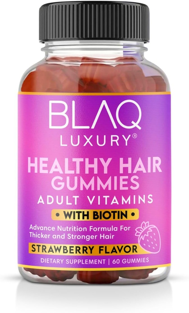 Blaq Lujo Biotina Gummies - Crecimiento del cabello Vitaminas con 5000mcg Biotina por Servir Vitaminas B12, B6, Ácido Fólico, Iodine, Zinc Silencioso para el Crecimiento del Pelo Silencio para Mujeres &amp; Hombres